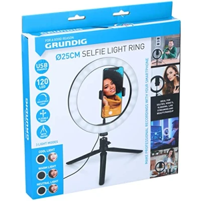 Immagine di Grundig luce ad anello su treppiede, per selfie diametro 25 cm 3 colori di 11 livelli luminosità collo flessibile funzionamento sul cavo ricaricabile USB supporto
