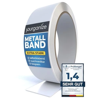 Immagine di YOURGANIZE® nastro di metallo autoadesivo, ideale per magneti e figure Tonies®, striscia magnetica autoadesiva ritagliabile, magnetico magneti, ferro, bianco (12 m)