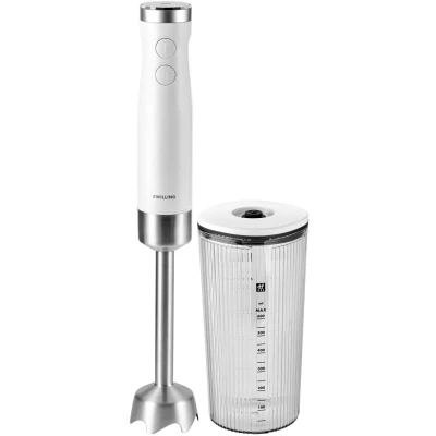Immagine di ZWILLING ENFINIGY Frullatore ad immersione con lama in acciaio inox, 9 velocità, funzione soft start e caraffa da 600 ml, bianco argento