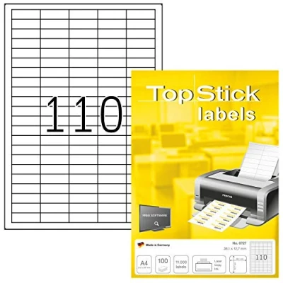 Immagine di TopStick etichette multiuso autoadesive, 110 per foglio A4, 100 fogli, 38,1 x 12,7 mm, 11000 etichette, adesive universali vuote, stampanti laser e inkjet, bianco