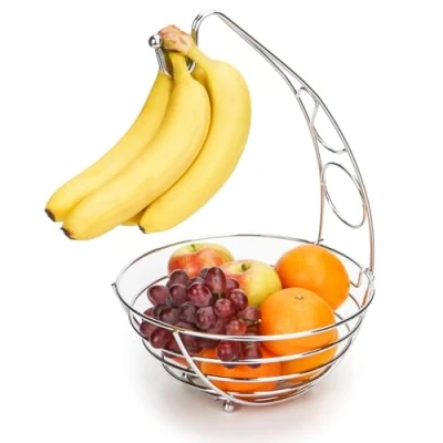 Immagine di Exzact Cestino per Frutta con Gancio Banane, Portafrutta in Filo Metallico, Altezza 41 cm, Finitura Cromo Argentato