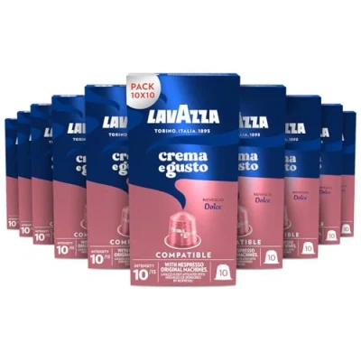 Immagine di Lavazza Crema e Gusto Dolce, 100 Capsule di Caffè in Alluminio Compatibili con Macchine Nespresso Original, Note Aromatiche Frutta Secca, Arabica Robusta, Intensità 10, Tostatura Media, 10 Pack
