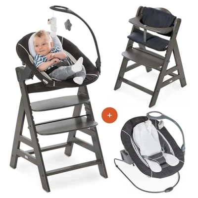 Immagine di hauck Alpha Plus Newborn Set Deluxe Seggiolone In Legno Evolutivo dalla Nascita Sedia Bambini con Sdraietta Dondolo Neonati Reclinabile e Cuscino Carbone