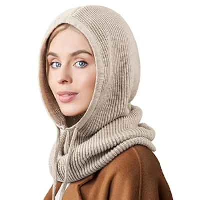 Immagine di DRESHOW Cappelli Invernali per le Donna Balaclava Knit Beanie Skull Cap con Coulisse Caldo Cappuccio Sciarpa Cappello