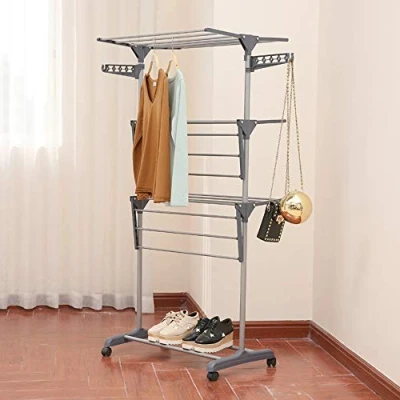 Immagine di THINFAR Stendino, 4 Livelli Stendibiancheria Verticale Allungabile con Ruote, Stendino da Balcone Esterno, Stendipanni per Interno (72 * 56 152cm grigio)