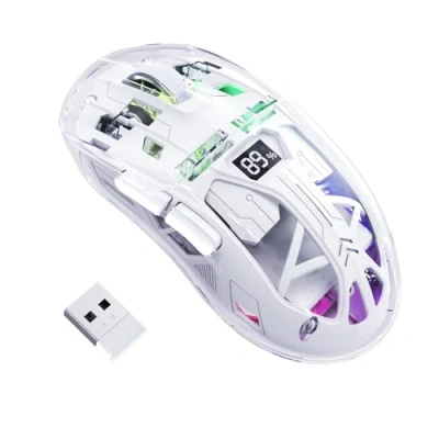 Immagine di FREEWOLF Mouse Da Gioco Wireless A2, Per Pc Dual Mode 2.4G/Bluetooth, RGB con Schermo Di Visualizzazione Della Batteria, Guscio Trasparente, Pixart 3212 4000 DPI Bianco Satinato