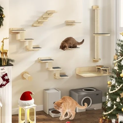 Immagine di YITAHOME 8PCS Pareti da Arrampicata per Gatti, Tiragraffi Gatti a Parete con 1 Scala/2 Piattaforme e 2 Scalette Tappetini Antiscivolo/1 Palo in Sisal Grande Piattaforma/Letto Ciotole