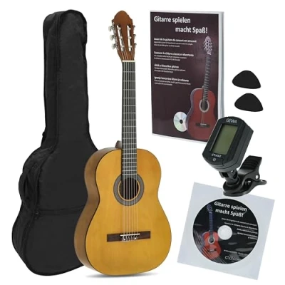 Immagine di JUAN MIGUEL NAVARREZ chitarra classica 4/4 starter Set miele (borsa, accordatore, plettri, libro con CD)
