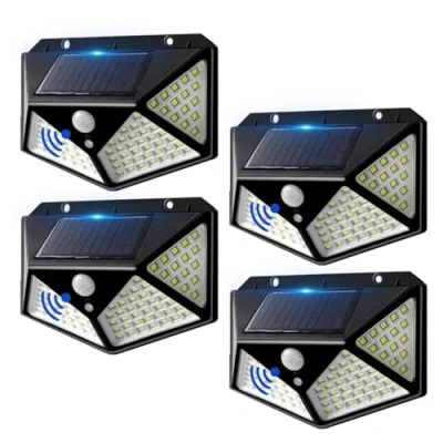Immagine di EXTRASTAR luce solare esterna per esterni, 100 LED, 3 modalità, impermeabile, con sensore di movimento 270, bianca fredda 6500 K, terrazza, balcone, corridoio, giardino, 4 pezzi