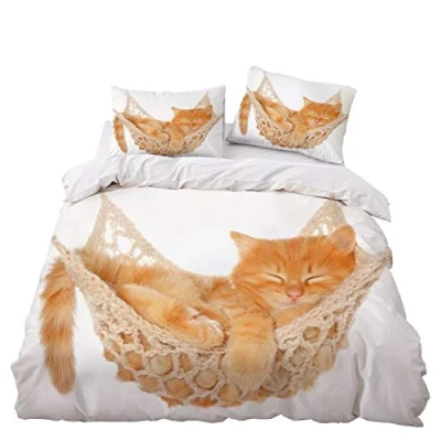 Immagine di Set Biancheria da Letto Animale 3D Prateria Giraffa Cavallo Foresta Leopardo Carlino Nero Gufo Grigio Gatto Arancione Copripiumino con Federa, Microfibra Poliestere (Arancia, 200_x_200_cm)