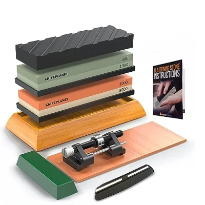 Immagine di KNIFEPLANET knife sharpening stone set 400/1000 e 3000/8000 grit professionale, sicuro affilacoltelli whetstone comprende appiattimento pietra, bambù base, 2 antiscivolo in gomma