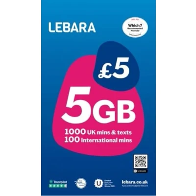 Immagine di Lebara Scheda SIM UK Pay As You Go 5 GB di dati, 1000 minuti e testi nel Regno Unito, 100 internazionali per £5