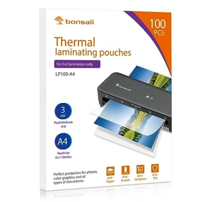 Immagine di Bonsaii Fogli Plastificatrici A4, Pouches per Documenti, Confezione da 100 Pezzi, 160 Micron (2 x 80 micron), Trasparente, con Finitura Lucida(LP100 A4)