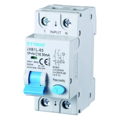Immagine di Interruttore magnetotermico differenziale salvavita, 1P+N, occupa 2 moduli DIN, 220V 230V, 16A C16, 30mA, 6KA 6000A, RCBO, classe A