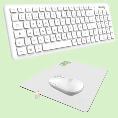 Immagine di NEWWAY Pack RF01 Tastiera Mouse Wireless con Tappetino Francese (AZERTY) 97 Tasti 13 Scorciatoie multimediali WiFi 2.4 GHz 4 Compatti Ricevitore USB Bianco