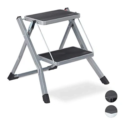 Immagine di Relaxdays Scala Pieghevole, 2 Gradini, Salvaspazio, Antiscivolo, Ferro, HLP 45x50x50 cm, Grigio