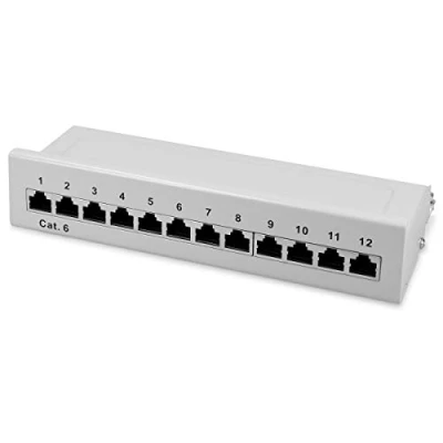 Immagine di kwmobile Patch Panel 12 Porte 1 Gbit/s Pannello Cat 6 schermato Distributore Cat6 con Cavo per Messa a Terra e Kit Montaggio Grigio