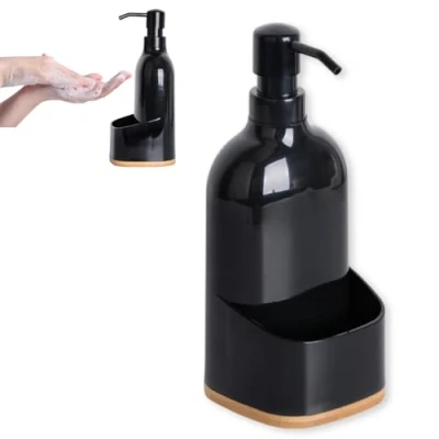 Immagine di KOOK TIME Dispenser sapone cucina Nero Portasapone e porta spugna plastica base in bambù detersivo piatti Organizzatore per lavello da compatto. 9.5x9.5x22 cm.