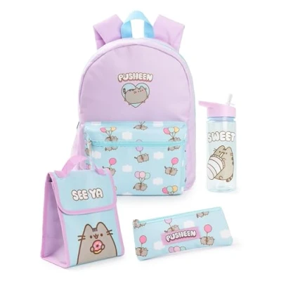Immagine di Pusheen Set di zaini per ragazze Pacchetto zaino blu e rosa da 4 pezzi bambini con zaino, astuccio, borsa il pranzo bottiglia d&#039;acqua Kitten Cat Graphic Completo Abbinato