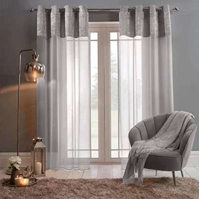 Immagine di Sienna Coppia di tende in velluto riccio, voile, tulle e pizzo, con parte superiore occhielli, grigio argento, 140 cm larghezza x 226 lunghezza