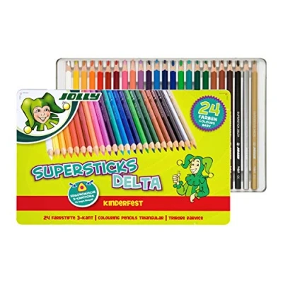 Immagine di JOLLY matite colorate Superstick DELTA, triangolari, resistenti ai bambini e infrangibili, non tossiche, 24 pezzi in astuccio di metallo