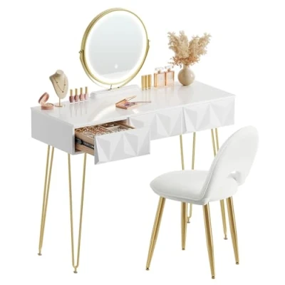 Immagine di EUGAD Toeletta da Trucco con Luci LED, Luminosità Regolabile, Postazione Sedia in Velluto, Consolle 3 Cassetti, Assemblaggio facile, Bianco e Dorato, 0054SZT