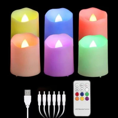 Immagine di FREEPOWER 6 Candele LED Ricaricabili RGB con Telecomando Timer Fiamma Tremolante, Cambia Colore Lumini Elettriche Cavo USB, Dimmerabili, Decorazione per Natale Halloween, 4 x 4.5cm