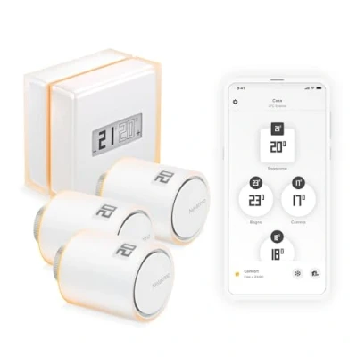 Immagine di Pack Termostato Inteligente Netatmo + 3 Cabezales Termostáticos Conectados e Inteligentes, Wifi, Control Remoto vía App, Compatible con Calefacción Individual, NBU NTH NAV EU.