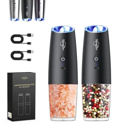 Immagine di Sangcon Gravity Set Macina sale e pepe elettrico ricaricabile USB con luce LED, 6Oz Capacità, funzionamento una sola mano, macinazione automatica, Grossolana Regolabile (Nero)