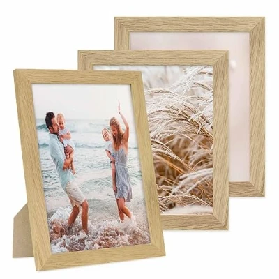 Immagine di PHOTOLINI cornici 20x25 cm legno rovere massiccio, set di 3 larghe, moderne, plexiglass infrangibile, da tavolo o parete, accessori extra per una parete dal look raffinato