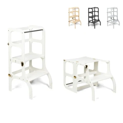 Immagine di Ette Tete STEP’n’SIT® Torre Apprendimento Montessoriana Convertibile Multifunzione 2 in 1 (Con cerniere dorati, Bianco)