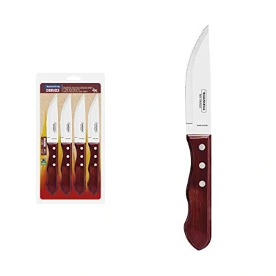 Immagine di Tramontina Set di 4 coltelli da Bistecca Professionali, Grandi, in Legno, Colore Rosso, Ideali per bistecche Grandi e succose Barbecue