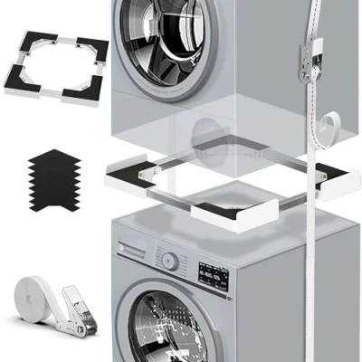 Immagine di Kit universale per stacking lavatrice e asciugatrice, accessorio lavatrice/asciugatrice, con corda a cricchetto, colore bianco, misura regolabile