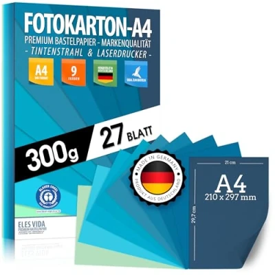 Immagine di 27 fogli di PHOTO BOARD A4 toni acqua e blu carta 300 g/m² set 9 colori stabile colorati, per bambini fai da te, marine ciano azzurro oceano diversi