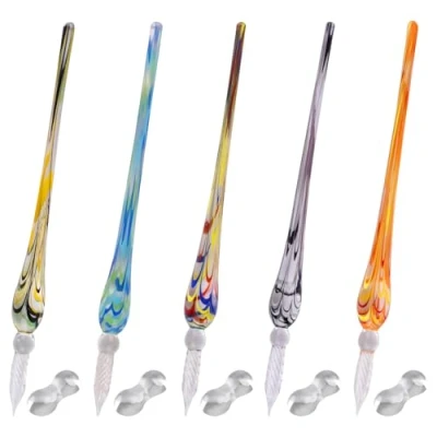 Immagine di WANDIC penne a immersione in vetro, 5 pezzi, calligrafiche cristallo con portapenne, borosilicato, per scrittura, disegno, firme, calligrafia, regali