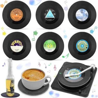 Immagine di Liekadijiae 6 Pezzi Sottobicchieri Retrò in Vinile con Supporto, Antiscivolo, Vinyl Record Sottobicchieri, per Caffè Tè Boccale di Birra Vino Vetro Casa e Bar