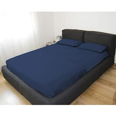 Immagine di GEMITEX Completo letto Matrimoniale, Colore BLU, con Trattamento NO STIRO, effetto Raso, in 100% Microfibra di poliestere. Composto da 2 lenzuola e federe TINTA UNITA. Made Italy