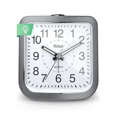 Immagine di Mebus Sveglia al quarzo, silenziosa, senza ticchettio, lancette luminose, allarme con ripetizione sveglia, snooze, illuminazione quadrante a pressione pulsante, colore: grigio argento, modello: 56988