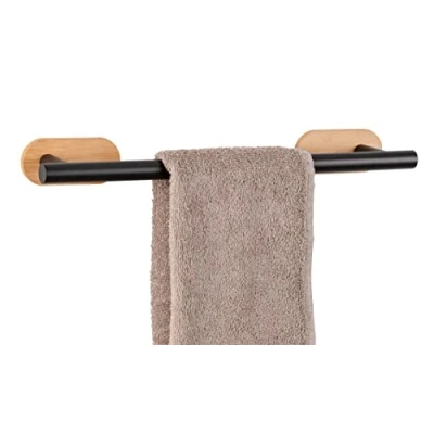 Immagine di WENKO Turbo Loc Orea Bamboo Porta asciugamani da bagno, 40 x 4,5 7,5 cm, in acciaio inox laccato opaco combinato con supporto parete bambù