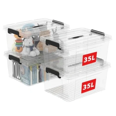 Immagine di Cetomo 35L*4 Scatola portaoggetti in plastica, Tote box,Contenitore organizzativo con coperchio resistente e fibbie a chiusura sicura, Impilabile inseribile, Confezione da 4, trasparente