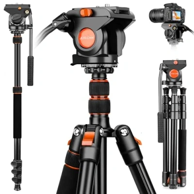 Immagine di JOILCAN Treppiede Video da 183cm, in Alluminio con Testa Fluida a 360 &amp; +90/ 70 per Fotocamera DSLR/Videocamera, Monopiede Piastra QR, Carico Massimo 33 libbre