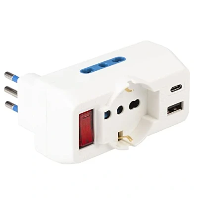 Immagine di Poly Pool PP2389 Adattatore MULTISIZE Spina 10A 3 Prese Pluristandard 10/16 A Italiana Tedesca 2 USB Interruttore Sicurezza Bianco