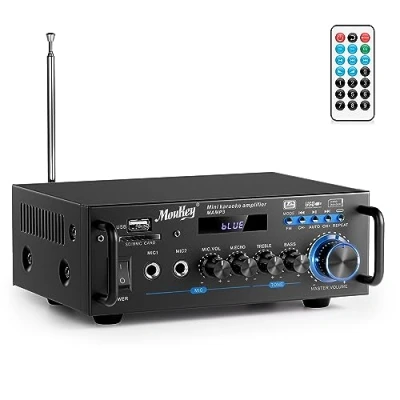 Immagine di Moukey Amplificatore Audio 2.0 Canali, Stereo Bluetooth 5.0 Ricevitore, 100W HiFi, Radio FM Portatile, RCA, Scheda SD/Ingresso USB, per Casa o Auto, MAMP3