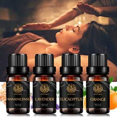 Immagine di Set di oli essenziali per aromaterapia al 100% puri profumati, menta piperita, lavanda, incenso, grado terapeutico diffusore, massaggi, umidificatore, 4 x 10 ml