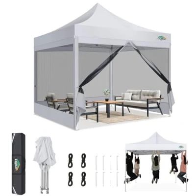 Immagine di COBIZI Gazebo 3x3 Pieghevole Impermeabile,Gazebo Esterno Resistente con Zanzariera Parete Laterale,Tende per Gazebo,Tendone Padiglione Pop Up Feste Campeggio Borsa(3 3m Bianco)