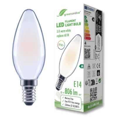 Immagine di greenandco Lampadina A filamento LED smerigliata E14 C35 3,8 W 806 lm sostituisce 60 2700 K bianco caldo 320 230 V senza sfarfallio Classe energetica non dimmerabile