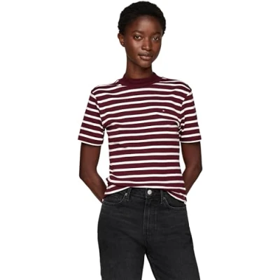 Immagine di Tommy Hilfiger Donna T Shirt Maniche Corte Slim Cody Crop Collo a Lupetto, Multicolore (Breton STP Deep Rouge/Ecru), XL