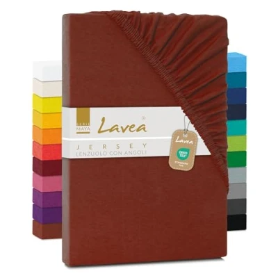 Immagine di Lavea, lenzuolo in jersey con angoli, serie Maya, 100% Cotone, lavorazione di alta qualità, elastico, certificazione Oeko Tex 100, castagna, 200 x 220 cm