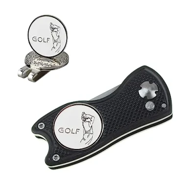 Immagine di Crestgolf Golf Divot Tool con Pop up Button &amp; Magnetic Ball Marker Pitch Mark Mini Leggero Portatile e Pieghevole (black2)