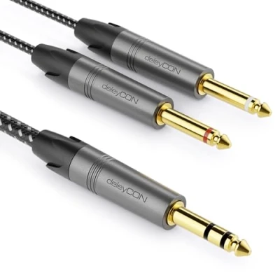 Immagine di deleyCON 3,0 m 6,3 mm jack stereo su 2 x cavo mono da di inserimento Y audio splitter Digital Interface strumento per mixer, registratore audio, chitarra, amplificatore,